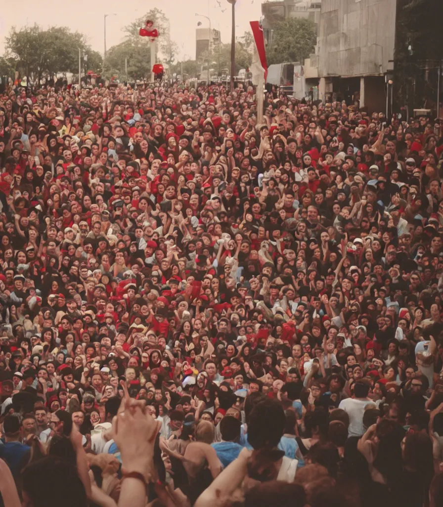 Prompt: one minion surrounded by an angry crowd of humans. the minion is bleeding red blood. a large wooden cross is in the background. kodak gold 2 0 0,