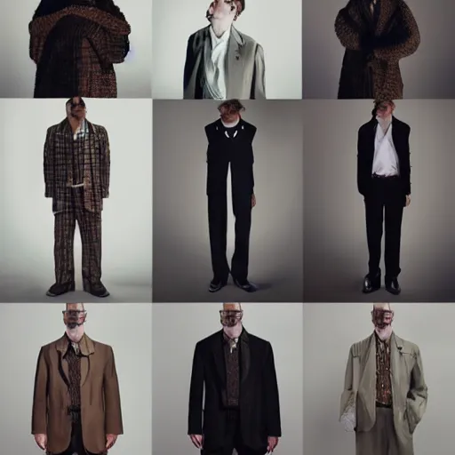 Image similar to outlive smart casual collection lookbook grid, in the style of grand chamaco and stanley kubrick, inspired by rpg fantasy characters, photorealistic, epic, super technical, cinematic still