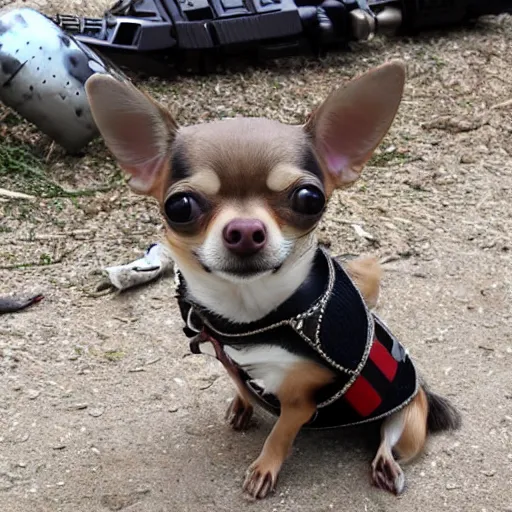 Image similar to chihuahua with modern armor and guns