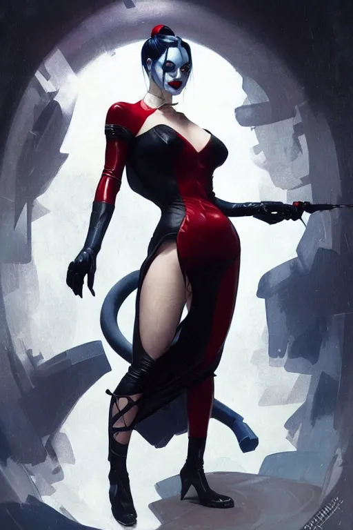 Prompt: elegant harley quinn high fashion gown aeon flux profile picture by greg rutkowski, dynamic pose, intricate, futuristic, fantasy, elegant, by stanley artgerm lau, greg rutkowski, thomas kindkade, alphonse mucha, loish, thierry mugler, norman rockwell,