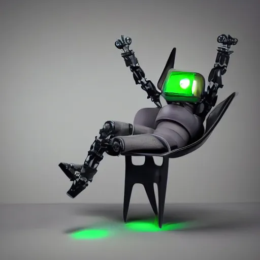 Image similar to futuristic lonely matte dark gray and glossy translucent green full-body humanoid robot with huge expressive comically sad LED eyes and open rectangular mouth sitting on a large comfortable cushioned vintage recliner reading a hardbound leather book. Cinematic Lighting, Cinematic Movie Photograph, Arri Alexa, Extremely Detailed, smooth, very very clean, simple, 8K, octane render, maya render, unreal engine, trending on artstation, DSLR, excellent composition, moody