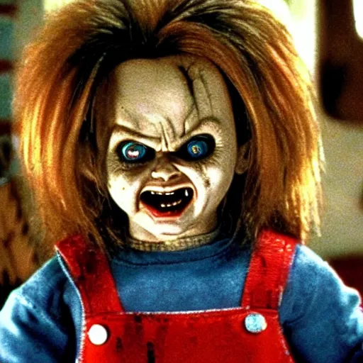 Prompt: Chucky the killer doll from the movie Child's Play leading an army of scary looking evil killer dolls