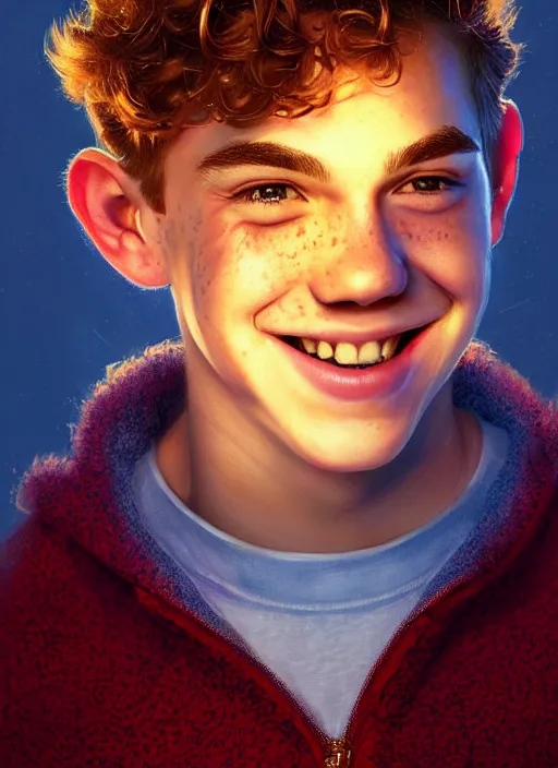 Image similar to portrait of teenage archie andrews, freckles, curly middle part haircut, curly hair, smiling kindly, intricate, elegant, glowing lights, highly detailed, digital painting, artstation, concept art, smooth, sharp focus, illustration, art by wlop, mars ravelo and greg rutkowski