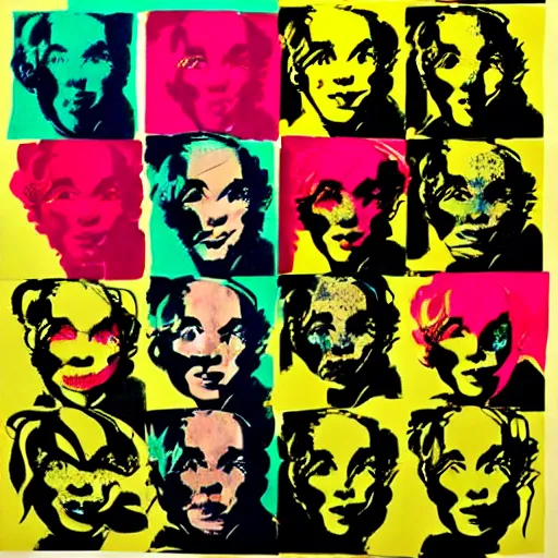 Image similar to silkscreen and lithography to create colorful cyborgs in the style of andy warhol