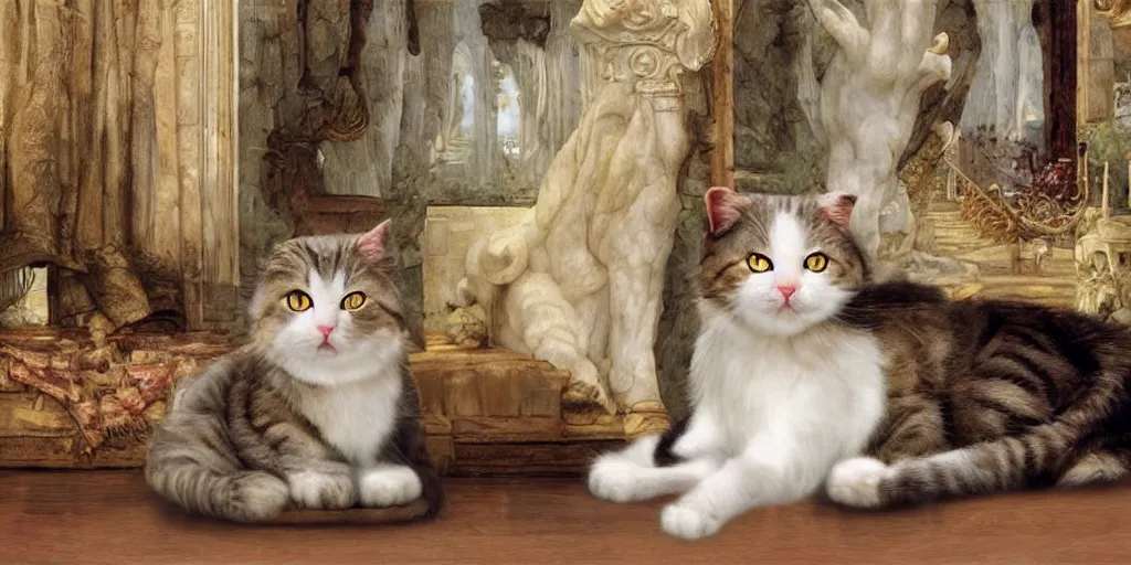 Prompt: 3 d precious moments plush cat, sitting in a castle, realistic fur, stuffed animal, ancient greece, master painter and art style of john william waterhouse and caspar david friedrich and philipp otto runge