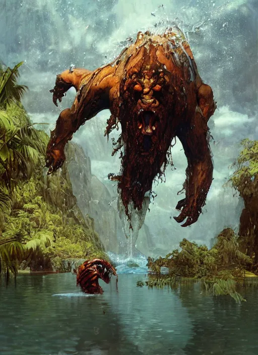 Image similar to huge towering brute beast demonic monster emerging from lake on sunny day, splashing, partially submerged, water cascading, by sergey kolesov and lawrence alma tadema and norman rockwell and greg staples and craig mullins and john berkey and ruan jia, artstation creature art