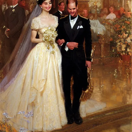 Prompt: detailed painting of attractive prince william marrying attractive audrey hepburn, highly detailed painting by gaston bussiere, craig mullins, j. c. leyendecker 8 k, smiling couple, royal painting, human face