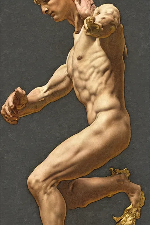 Image similar to Michelangelo\'s David, highly detailed, digital painting, artstation, concept art, smooth, sharp focus, illustration, ArtStation, art by artgerm and greg rutkowski and alphonse mucha and J. C. Leyendecker and Edmund Blair Leighton and Katsuhiro Otomo and Geof Darrow and Phil hale and Ashley wood and Ilya repin and Charlie Bowater