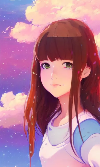 Image similar to a colorful scene of a girl with brown hair, anime, detailed background, female, portrait, tranquil, trending on artstation, by studio ghibli and rossdraws