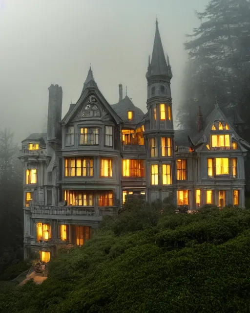 Image similar to a wide angle low photo of a colossal ghostly victorian mansion on the edge of a cliff above a misty forest at night, volumetric light, epic proportions, ultradetailed, 8 k