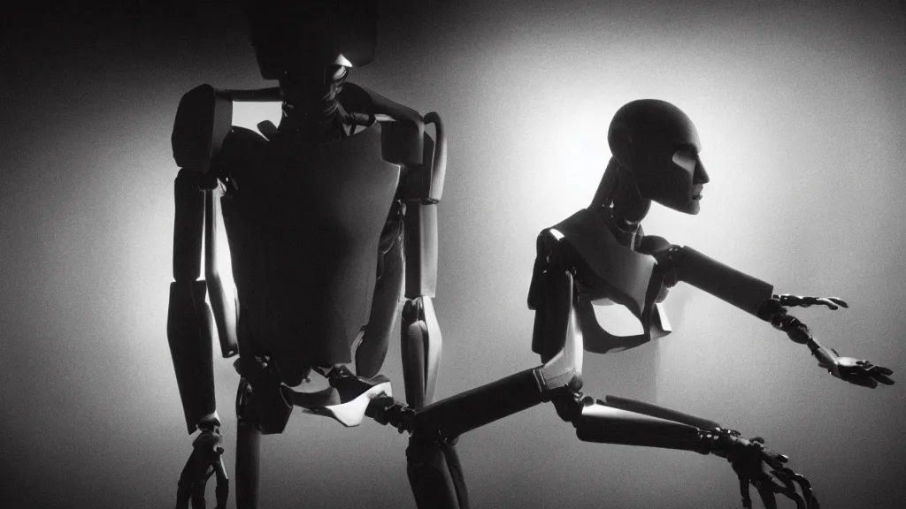 Image similar to movie scene of half human half robot, movie still, cinematic composition, cinematic light, by David Lynch