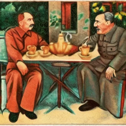 Prompt: god and the holy spirit conversing with hitler and stalin over coffee in a versailles garden