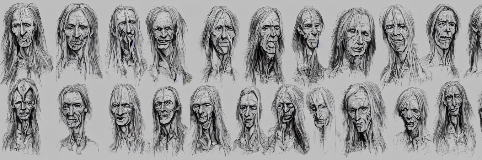 Image similar to character study of daevid allen and iggy pop, clear faces, wild, crazy, character sheet, fine details, concept design, contrast, kim jung gi, pixar and da vinci, trending on artstation, 8 k, full body and head, turnaround, front view, back view, ultra wide angle