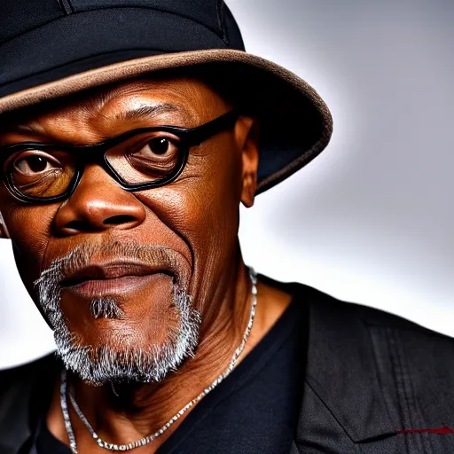 Image similar to samuel l jackson wearing cat ears and emo clothes, 4 k, hyper realistic, dslr, high resolution, landscape, beautiful