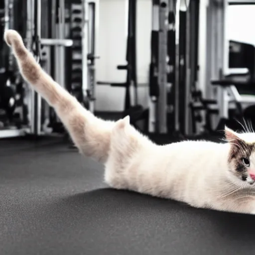 Image similar to a very fat cat doing exercises at the gym, photorealistic, hd