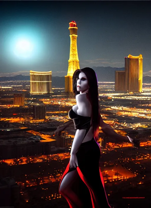 Image similar to full body portrait, vampire queen, blood, night shot of las vegas in background, highly detailed, CGsociety, subtle, concept art, HDR, hyper realistic, volumetric lighting, subsurface scattering, unreal