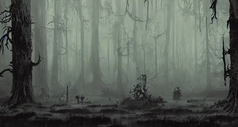 Image similar to A dense and dark enchanted forest with a swamp, by Ian McQue