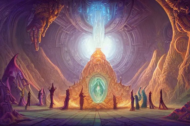 Prompt: suggestive mtg illustration by terese nielsen of a large group of people entering the glowing doorway of a massive vulva - shaped temple constructed of carved iridescent pearls and house - sized crystals of impossible architecture floating in the astral plane, trending on cgsociety.