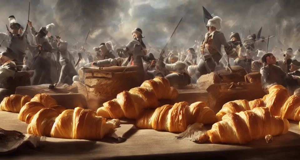 Prompt: croissants croissants croissants croissants leading the french revolution, dramatic lighting, concept art, trending on artstation, 8 k