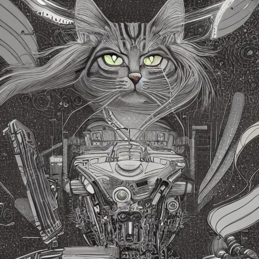 Prompt: gold and silver tones, cybernetic cat in a deserted town, style of moebius, james jean, rutkowski, mcbess, cinematic, high detail, award winning, 8 k photorealistic