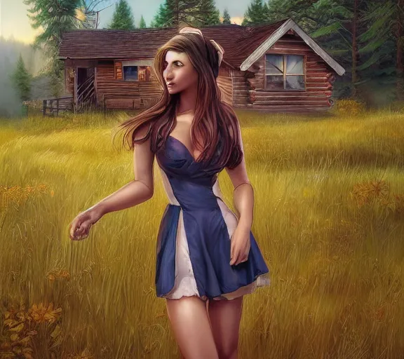 Prompt: a beautiful girl In front of the cabin, the country, by Artgerm Lau，hyperdetailed, trending on artstation, trending on deviantart