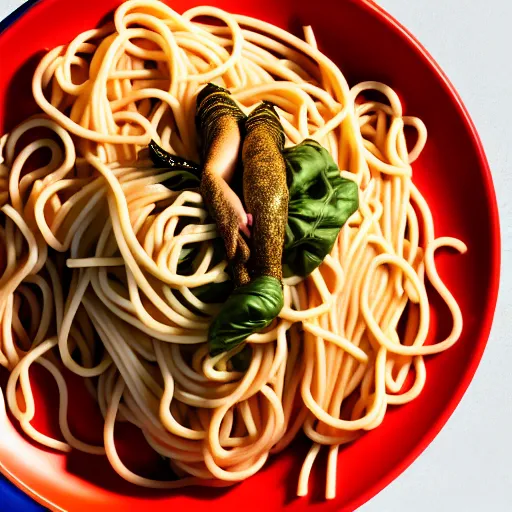 Image similar to uhd photo of olympic diver diving into a pool of spaghetti, uhd hyperdetailed photography