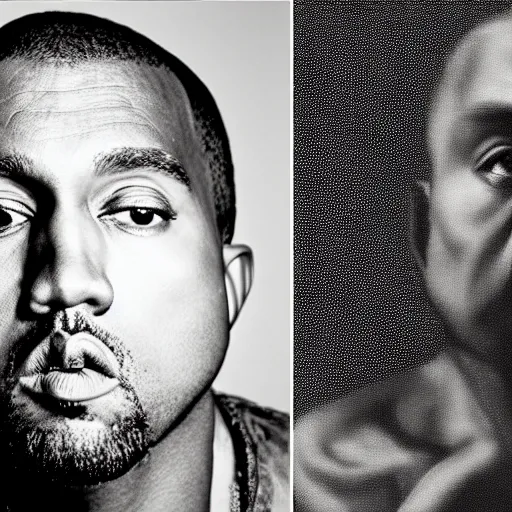 Prompt: a chiaroscuro lighting portrait painting of kanye west depicted as pablo picasso, portrait painting by caravaggio and rembrandt van rijn, shallow depth of field, chiaroscuro lighting