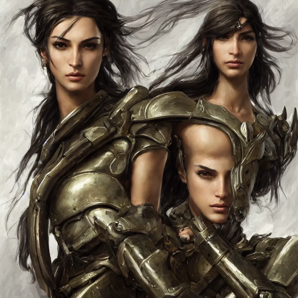 Prompt: a professionally painting of an attractive young goddess, partially wrapped in battle armor, olive skin, long dark hair, beautiful bone structure, perfectly proportioned, symmetrical facial features, intricate, elegant, heroic pose, digital painting, concept art, smooth, sharp focus, finely detailed, abstractly framed, from Metal Gear, in the mixed styles of Ruan Jia and Mandy Jurgens and Artgerm and William-Adolphe Bouguerea