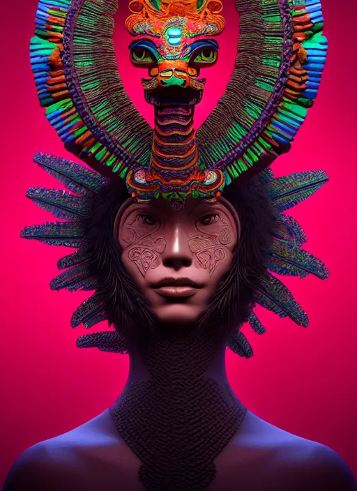 Prompt: 3 d mexican goddess profile portrait. beautiful intricate highly detailed quetzalcoatl mask and feathers. low - key lighting, bioluminescent, plasma, lava, ice, water, wind, creature, artwork by tooth wu and wlop and beeple and lee jeffries, 8 k trending on artstation,