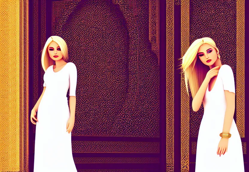 Image similar to a golden hair blond young lady in beautiful white dress in the city of marakesh cyber pank style, digital art