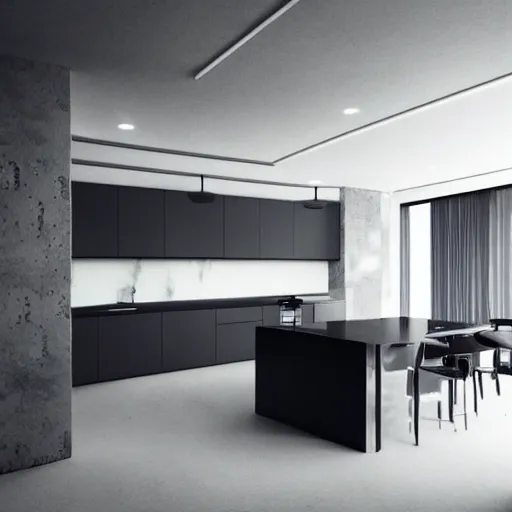 Image similar to brutalist house kitchen interior design ominous dark powerful giant open space high quality furniture octane render