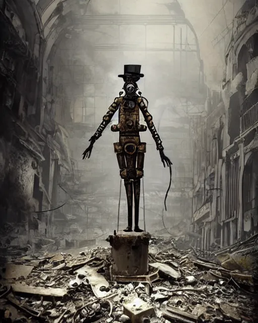 Image similar to a creepy steampunk mechanical metal man with a hunched - back, ww 1 era gas mask, and wearing a top hat stands alone inside a bombed out, desolate grand central station, post apocalyptic, trending on artstation