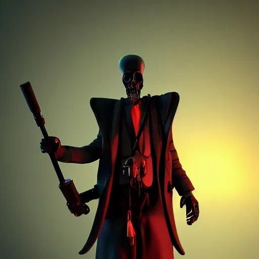 Image similar to atompunk grim reaper, character design, high quality digital art, render, octane, redshift, volumetric lighting, oled