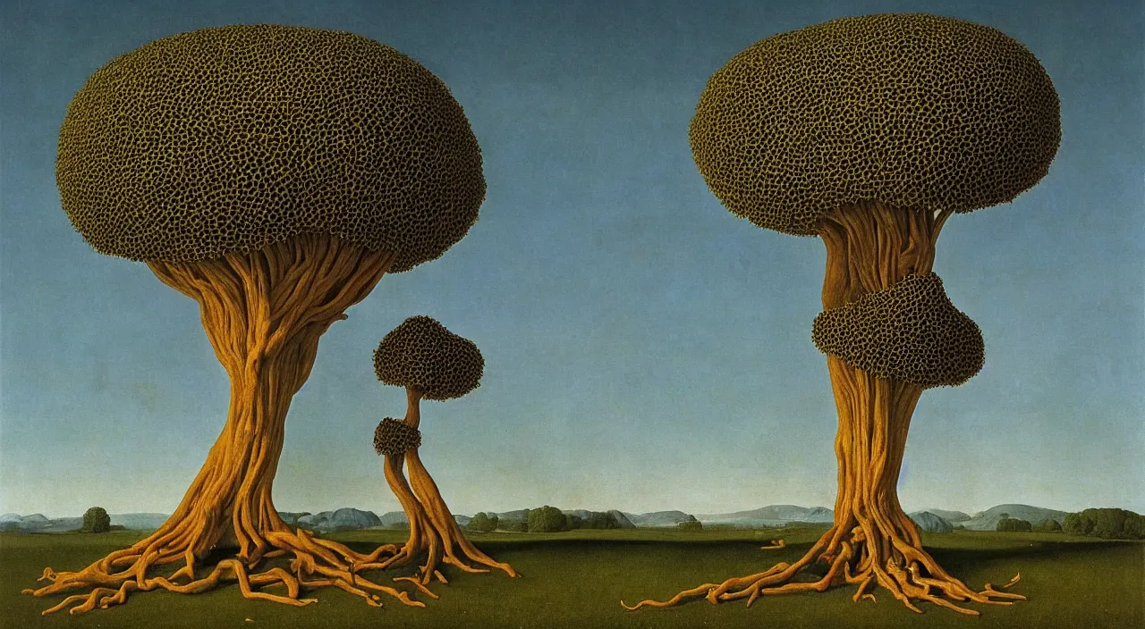 Prompt: one single! fungi tree floating in the clear sky, a high contrast!! ultradetailed photorealistic painting by jan van eyck, audubon, rene magritte, agnes pelton, max ernst, walton ford, hard lighting, masterpiece
