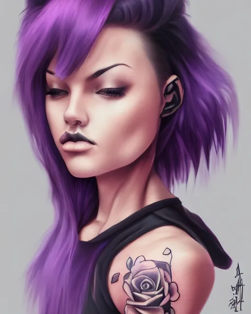 Prompt: cute female tattooist, perfect face, black halter top, purple hair, abs, cinematic, blush, stunning, athletic, strong, agile, highly detailed, smooth, hard focus, digital art, illustration, artstation