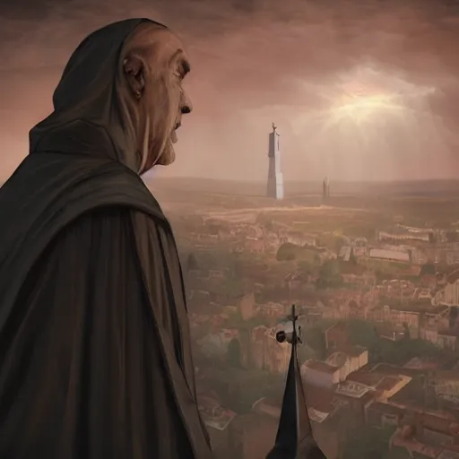 Prompt: Close-up of a terrified catholic priest in his twenties at the top of a medieval tower watching as an ominous yellow shadow descends upon him from the night sky. Dramatic lighting. Award-winning digital art, trending on ArtStation