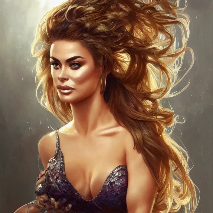 Prompt: portrait of Carmen Electra, fantasy low cut dress, intricate, elegant, highly detailed, digital painting, artstation, concept art, smooth, sharp focus, illustration, art by artgerm and greg rutkowski and alphonse mucha