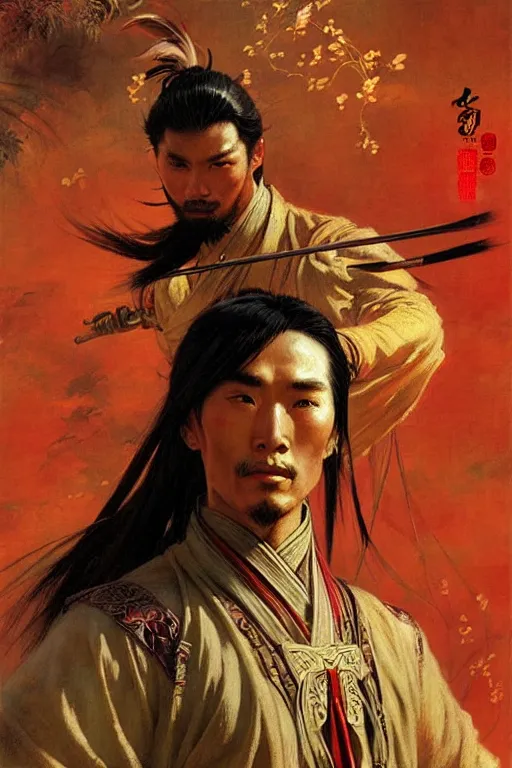 Image similar to wuxia, male, character design, ancient china, colorful, painting by gaston bussiere, craig mullins, j. c. leyendecker, tom of finland