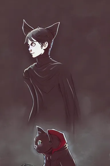 Image similar to little boy with cat ears in an black outfit with red cape. digital artwork made by lois van baarle and kentaro miura and marc simonetti, sharpness focus, inspired by hirohiko araki, anatomically correct, heroic composition, hero pose, smooth