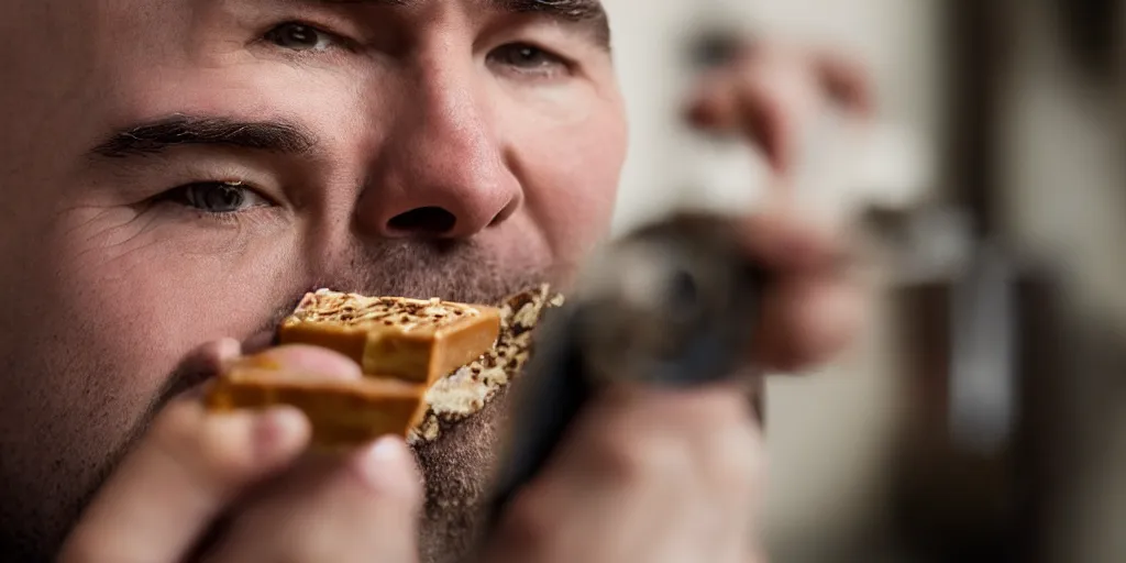 Image similar to 4 k hd, high detail photograph of karl pilkington eating a twix chocolate bar, shot with sigma f 1. 8 sharp lens, wide shot