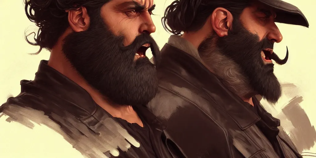 Prompt: a big angry man with a beard and black leather jacket, highly detailed, digital painting, artstation, concept art, matte, sharp focus, illustration, art by artgerm and greg rutkowski and alphonse mucha