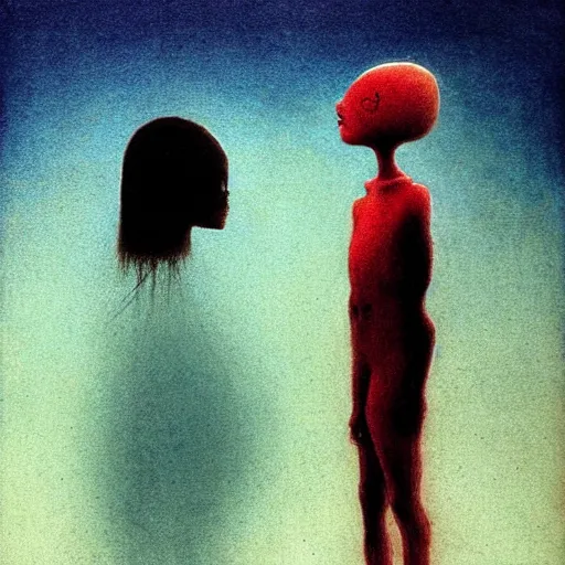 Image similar to cute girl alien meets human boy from Earth by Beksinski