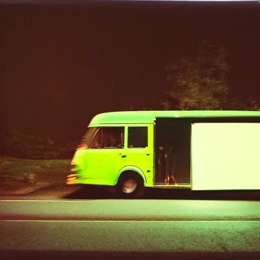 Image similar to an ice cream truck driving on the road at night with green headlights, Film Washi 'W', old photo