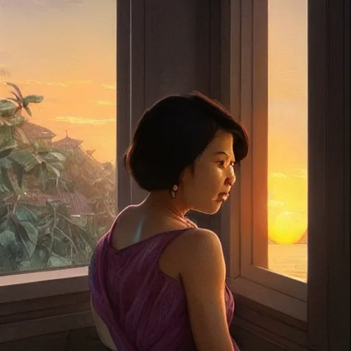 Prompt: Filipino woman with a short hair looking out the window to a beautiful sunset, intricate, highly detailed, digital painting, artstation, concept art, smooth, sharp focus, illustration, Unreal Engine 5, 8K, art by artgerm and greg rutkowski and alphonse mucha