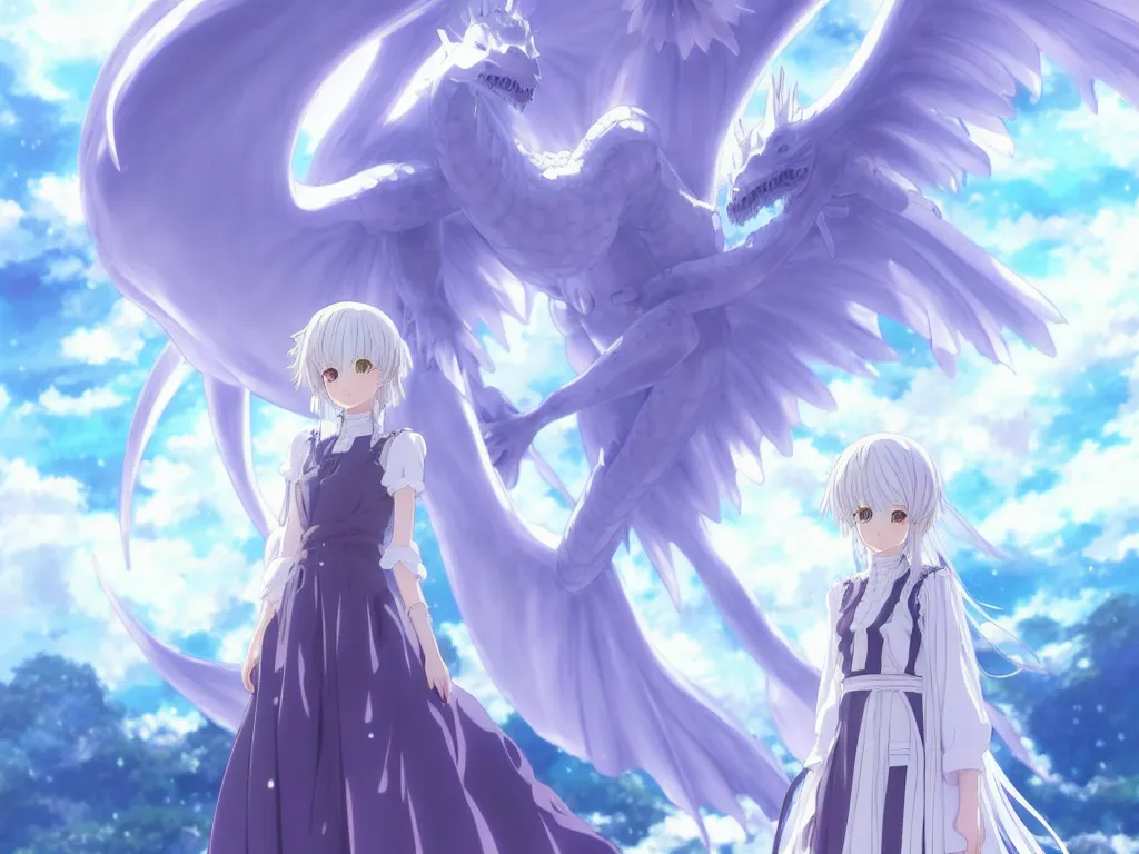 Prompt: anime art full body portrait character concept art, be surrounded by a huge silver white dragon center, in white clouds fairyland, anime key visual of violet evergarden, finely detailed perfect face delicate features directed gaze, trending on pixiv fanbox, violet evergarden, studio ghibli, xision, extremely high quality artwork