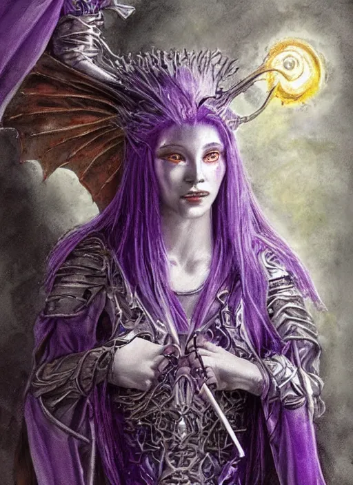 Image similar to portrait of young female prophetess of the endtimes, transluscent skin, silver filigreed armor, lavender hair, beautiful! coherent! dungeons and dragons character, by brian froud, strong line, cool night color, high contrast