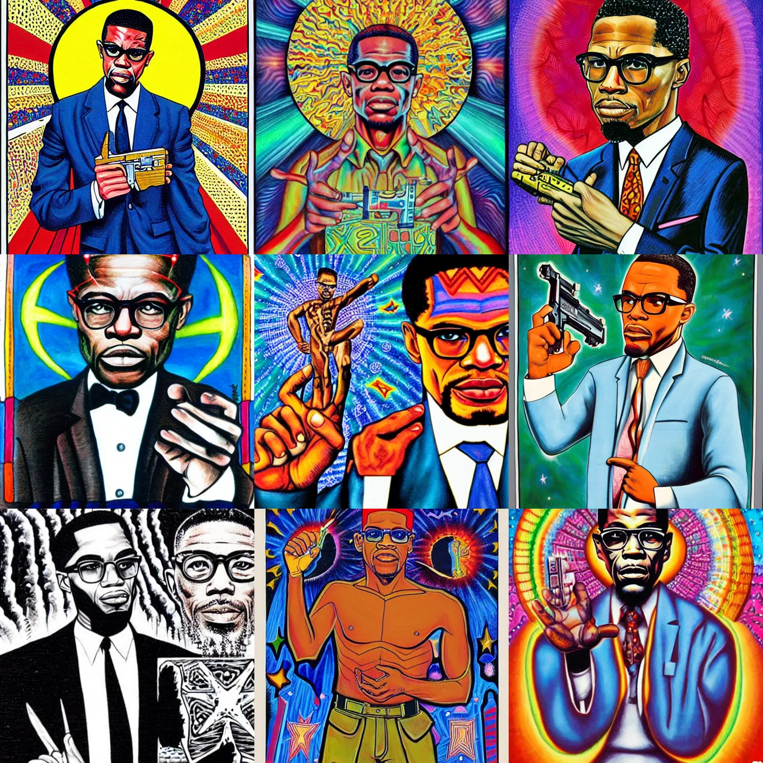 Prompt: Malcolm x holding an uzi painting by Chris dyer in the style of cosmic christ by alex grey