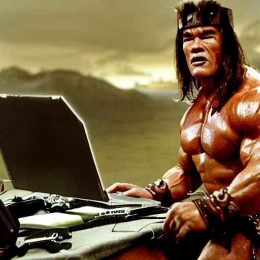Prompt: arnold schwarzenegger as conan the barbarian from the movie conan the barbarian, sitting at a desk and working at a computer, angry, shouting at the laptop screen, laptop trouble, technical difficulties, software error, crisp lighting, studio lighting