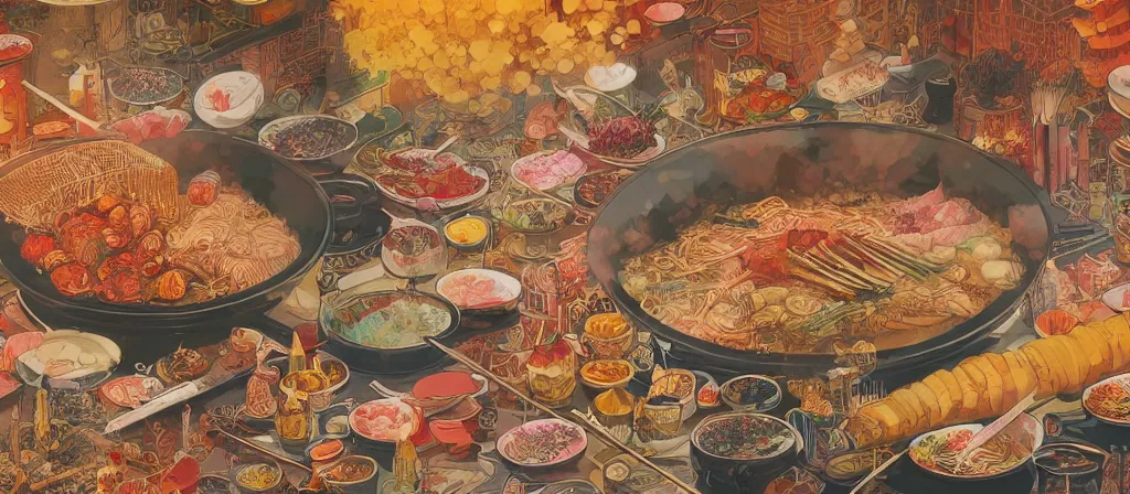 Image similar to a beautiful hyperdetailed 4 k hd wall paper illustration of roasted string hotpot, wallpaper design, simple style, marketing kebab hotpot wallpaper display, wall painting, from china, with merchant logo, simple structure, surrealistic, chinese style, victo ngai, james jean