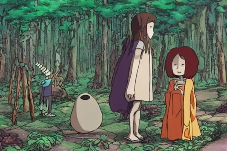 Image similar to chihiro ogino meets skelethor in an enchanted forest, studio ghibli